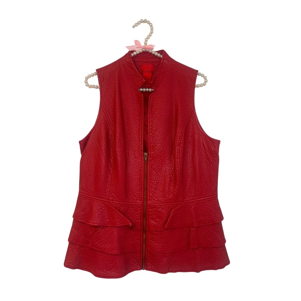 V Cristina Red Faux Leather Peplum Vest Ruffle Tiered Mock Neck Zip Front Size L